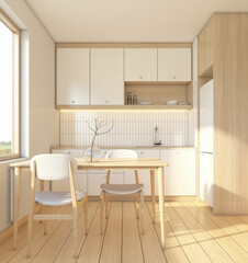 Fototapeta na wymiar Modern style kitchen room with minimalist built-in cabinet and wood dining table.3d rendering