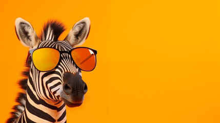Naklejka premium portrait of a cute zebra with funny yellow sunglasses, yellow background, copy space 