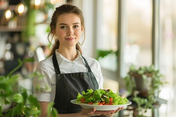 Beautiful woman waitress in apron and holding plate with fresh salad in cafe