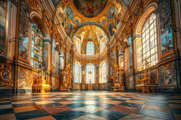 Exquisite Renaissance chapel interior with soaring vaulted ceilings, intricate frescoes. - obrazy, fototapety, plakaty