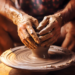 Close-up of a potters hands shaping clay.