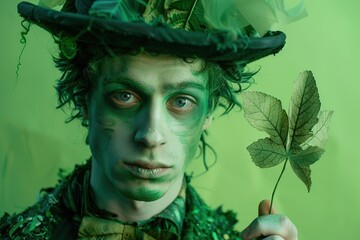St. Patrick's Day. Handsome man in green leprechaun elf costume