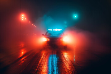 Police car on road at night with fog background and colorful light. Generative AI.