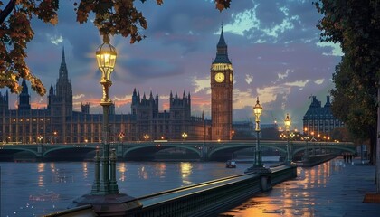 Evening view of big ben and westminster bridge with glowing lights reflecting in the river, world...