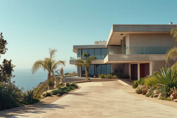 Fototapeta na wymiar Oceanic Oasis: Concrete and Steel Mansion with Unrivaled Views