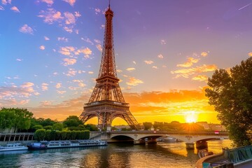 The eiffel tower gleams in sunlight by the river, world heritage day poster - obrazy, fototapety, plakaty
