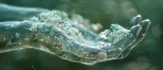 A glass hand, a structure of interaction, filled with a microcosm of interconnected trails and blossoming paths, symbolizing touch and connection with nature - obrazy, fototapety, plakaty