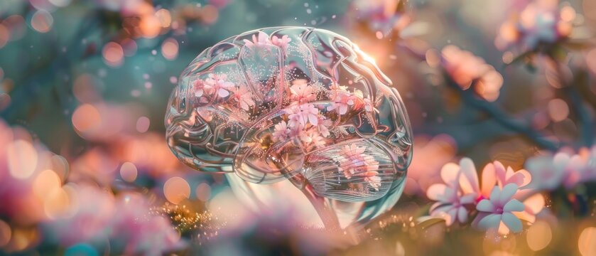 A glass brain, shimmering with intellect, inside which lies a labyrinth of flowering vines and exotic blooms, representing thoughts and creativity