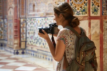 Woman holding camera with backpack, world heritage day poster