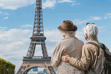 Fototapeta na wymiar Elderly couple admiring the eiffel tower together, heritage day background