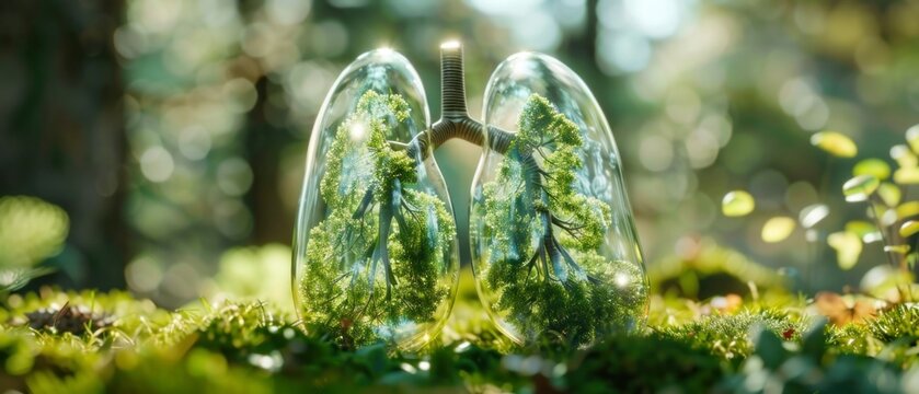 A glass pair of lungs, breathing in light, filled with a vibrant, undiscovered forest, each tree symbolizing a breath of life. eco concept