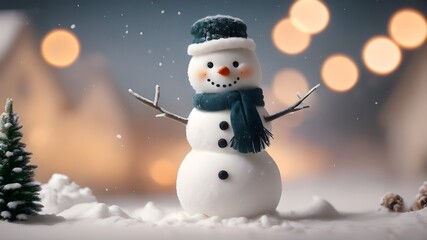 Obraz premium snowman on the snow with festival lights , copyspace wallpaper 