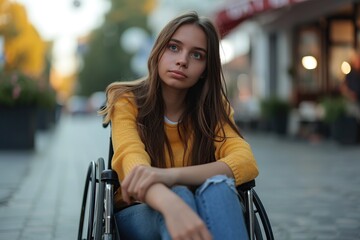 Young woman in wheelchair in city street