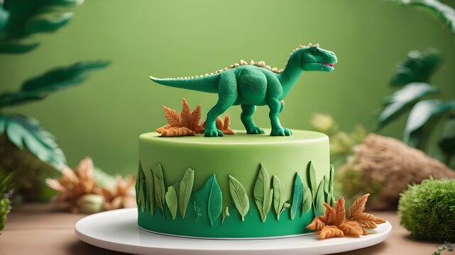 Baby birthday cake, decorated with a figurine of a dinosaur with fern leaves.