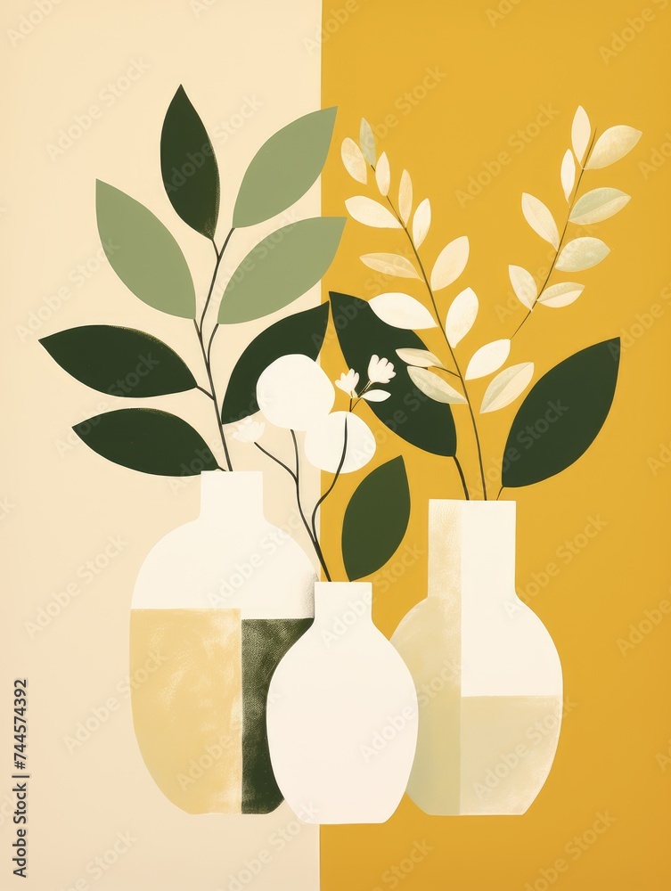 Wall mural Painting of Three Vases With Plants. Printable Wall Art.