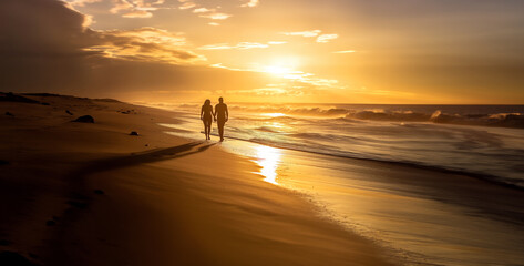 Fototapeta na wymiar a couple enjoying a romantic sunset walk along the beach, hand in hand, with the golden sun casting a warm glow on the horizon High-resolution photograph