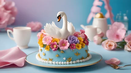Foto op Aluminium swan cake ,Children's colorful blue fondant birthday cake decorated with little swans and flowers  on the pond and green reeds at the side of the cake © monu