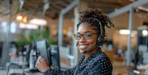  a customer service representative assisting a client with a friendly smile, providing support and resolving inquiries over the phone or online - obrazy, fototapety, plakaty