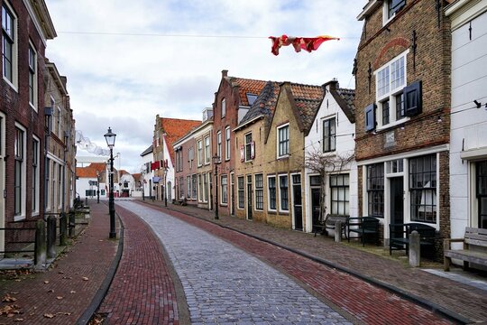 Lovely street in Brielle, Brielle, Den Briel, Voorne aan Zee, South Holland, Netherlands, Holland, Europe.