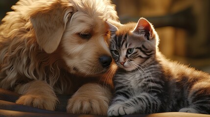 Animal friendship, dog and cat touching heads