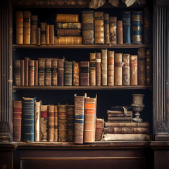 Old books on a dusty library shelf 