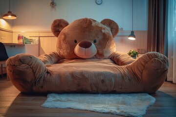 Teddy Bear Large Bed, Couch in form of Stuffed Toy, Cozy Bedroom with Soft Toy as Bed in Interior