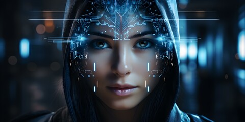 Eyes scanning female face for access verification in futuristic tech concept. Concept Facial Recognition, Biometric Security, Female Identity, Futuristic Technology, Access Verification - obrazy, fototapety, plakaty