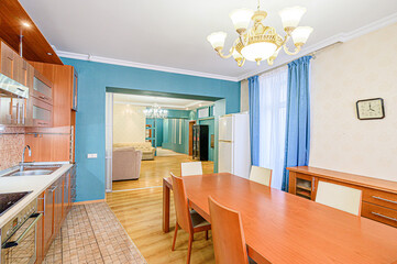interior kitchen and dining room, refectory area, cooking equipment, table furniture, stove