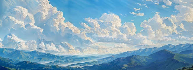 Papier Peint photo Lavable Bleu Winter mountains landscape with magic clouds above over blue sky