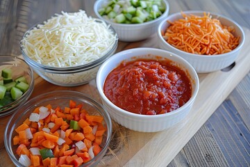 Pizza Sauce Bowls Set, Diced Veggies, Shredded Cheese on a Wooden Board, Homemade Sauces