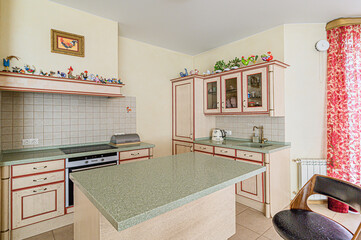 interior kitchen and dining room, refectory area, cooking equipment, table furniture, stove