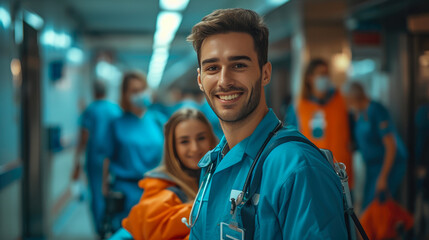 Fototapeta premium Jubilant Caretaker Assisting Patient in Hospital Scene