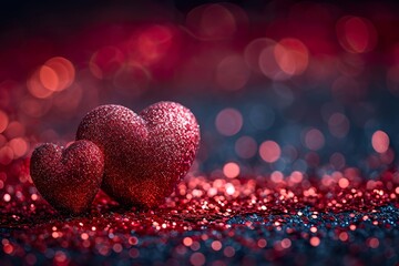stylist and royal valentines day background with red hearts glitter bokeh on black, card for Valentine's day, - obrazy, fototapety, plakaty