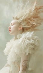 Fototapeta premium Surreal Woman with Flowing Hair in Ethereal White Dress