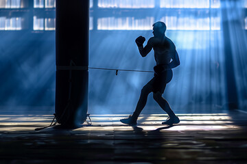 Silhouette photo of boxer training with punching bag in dark sports hall. Generative AI. - 744576792