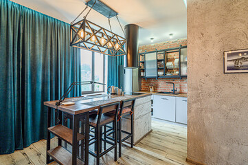 interior kitchen and dining room, refectory area, cooking equipment, table furniture, stove