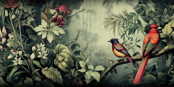 wallpaper jungle and leaves tropical forest birds old drawing vintage