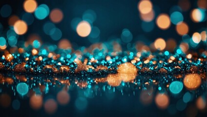 abstract glitter lights as the background. Change the colors to copper and teal while preserving the de-focused appearance. Display it in a banner format.