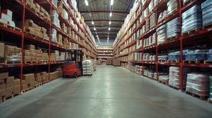 Interior modern logistics warehouse, a hub of supply chain efficiency, racks and pallets of goods, inventory management and storage solutions, transportation, warehouse, logistics management, shipping - obrazy, fototapety, plakaty