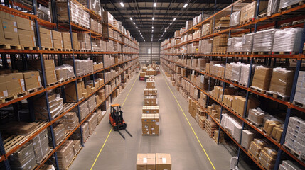 Interior modern logistics warehouse, a hub of supply chain efficiency, racks and pallets of goods, inventory management and storage solutions, transportation, warehouse, logistics management, shipping