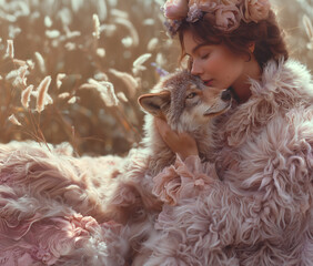 Fashion editorial Concept. Pretty woman with flowers in hair fur feather coat hug a baby wolf surrounded in a garden of pampas flowers. pastel magical, soft vintage romantic whimsical colour setting. 