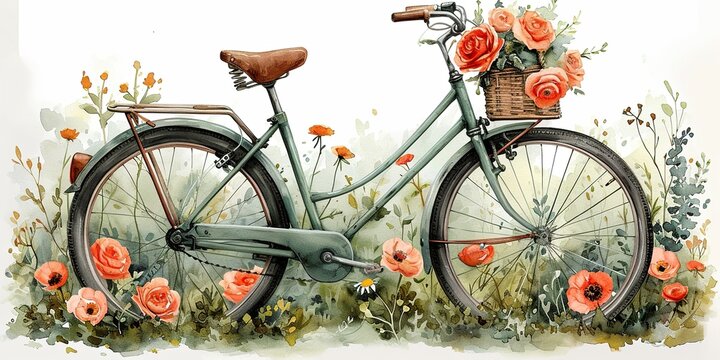 Watercolor green bycicle with flowers. Wedding floral bycicle. Green vintage style bycicle in countryside landscape. Farm and countryside element