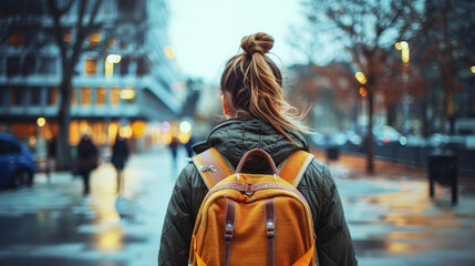 Woman with Backpack Walking in City.
Woman exploring city streets at dusk.