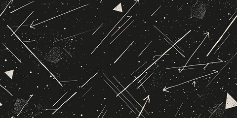 Seamless pattern of ink galaxy. Simple line Illustration arrows and graphs Flying In The Universe black color grunge texture background. - obrazy, fototapety, plakaty