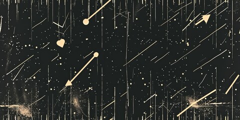 Seamless pattern of ink galaxy. Simple line Illustration arrows and graphs Flying In The Universe black color grunge texture background.