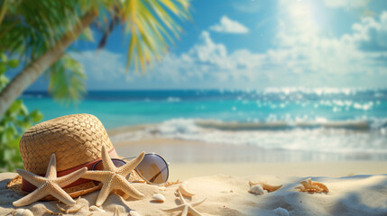 sun hat and sun glasses on the tropical beach - 744578300
