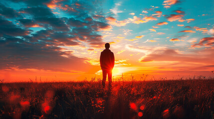 Man in Sunset Field Silhouette.
Silhouette of man standing in field at sunset.
