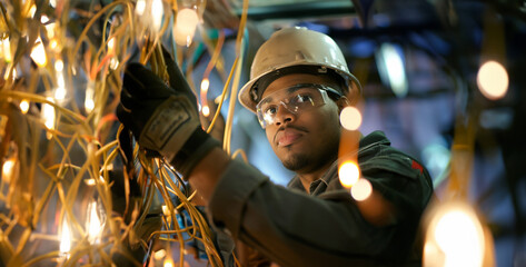 Fototapeta premium welder at work, a construction worker operating heavy machinery at a busy construction site, showcasing skill and safety measures