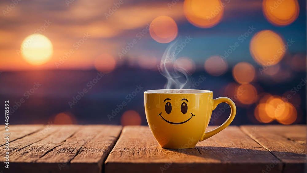 Wall mural Morning cup of coffee with a smiley face in sunrise.