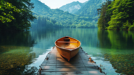 Boat Docked on Tranquil Mountain Lake.
Wooden boat on calm lake, mountains. - obrazy, fototapety, plakaty